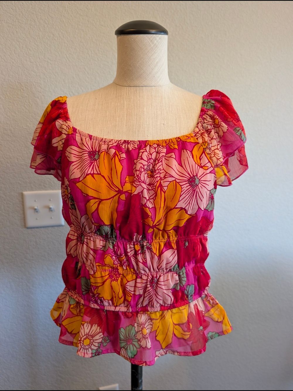 Speed Limit Sz XL Floral Boho Square-Neck Ruffle Blouse - Pink & Yellow
